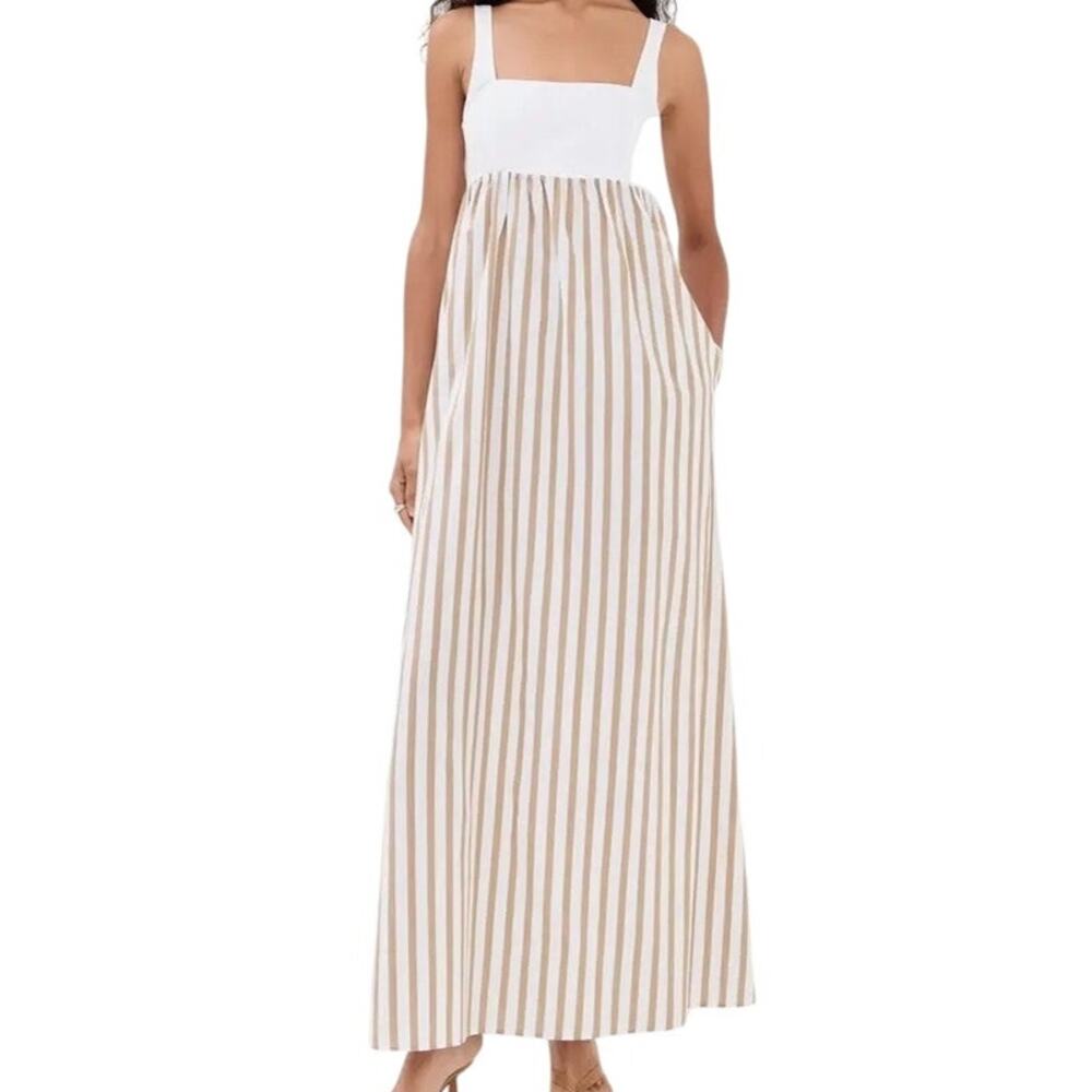 LE BOP (M) Empire Waist Maxi Dress White Khaki Stripe Pocket Sundress Coastal
